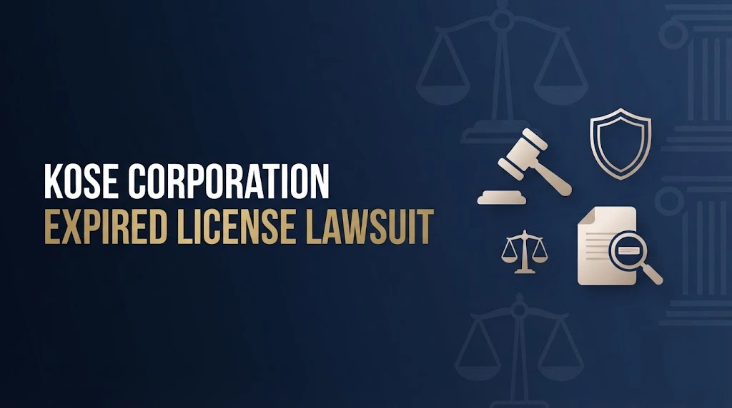 kose corporation expired license lawsuit hero banner with legal icons and gold text on navy background