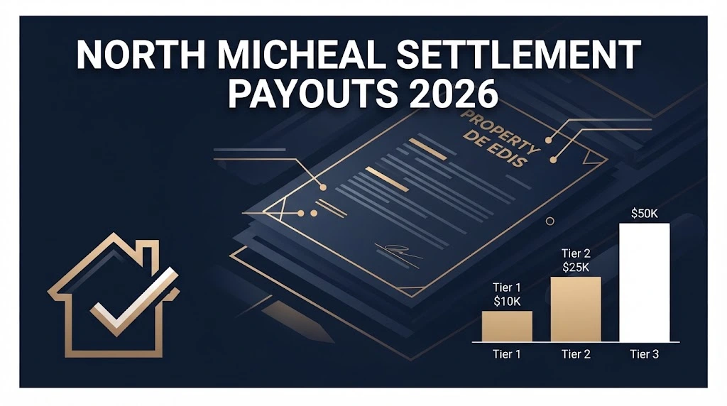 North Micheal settlement payouts 2026 infographic with legal documents and bar chart graphic
