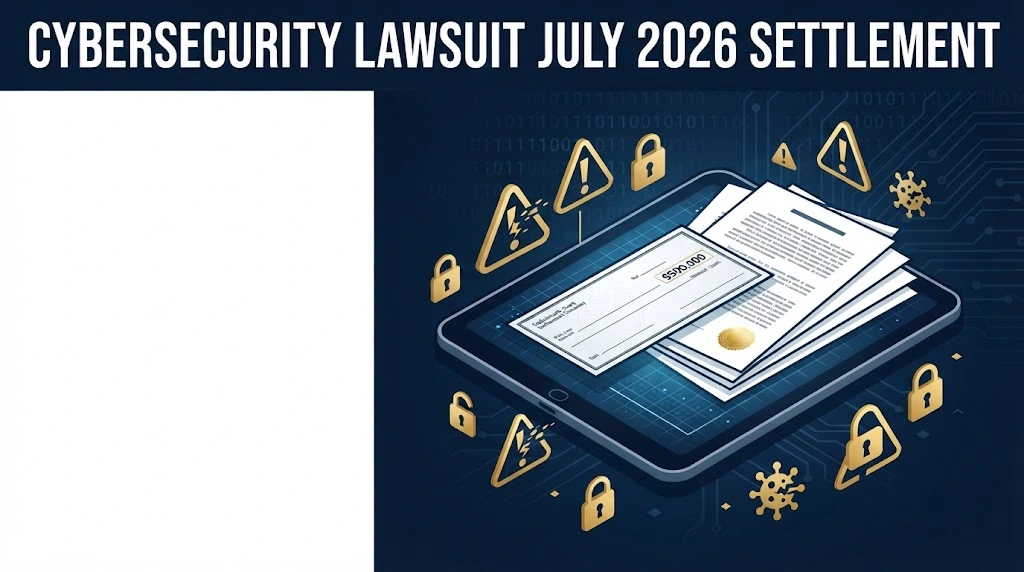 In-article graphic showing cybersecurity lawsuit july 2026 settlement theme with legal documents and digital lock icons