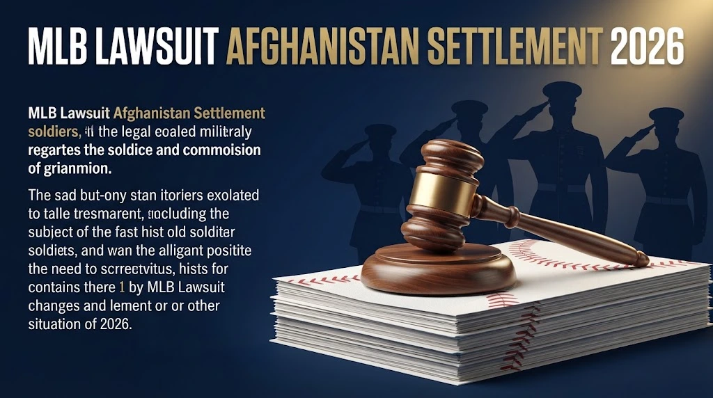 MLB lawsuit Afghanistan settlement 2026 graphic with gavel, legal documents, and military silhouettes on navy background