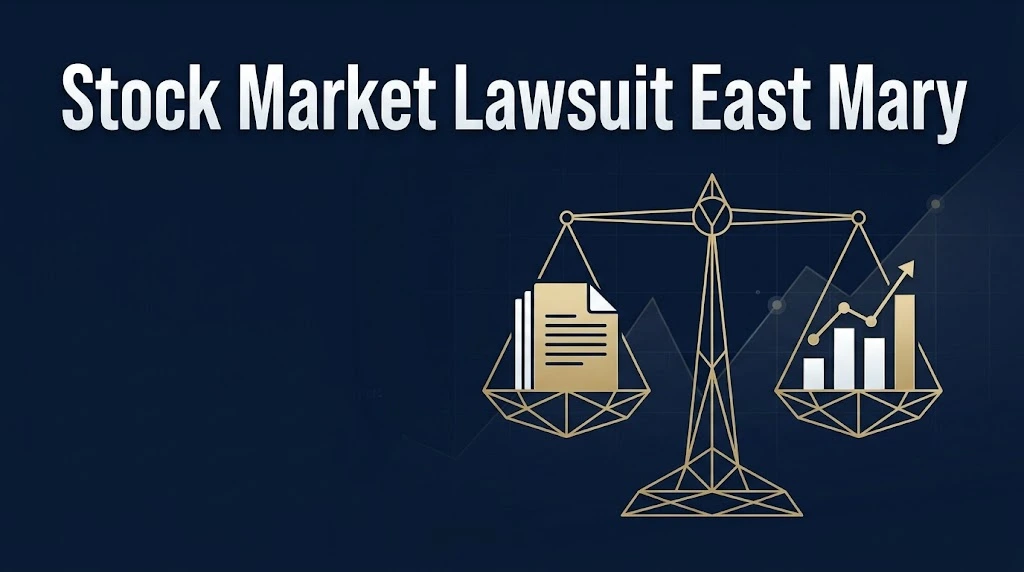 Stock market lawsuit East Mary supporting graphic with balance scale icon and financial chart elements on navy background
