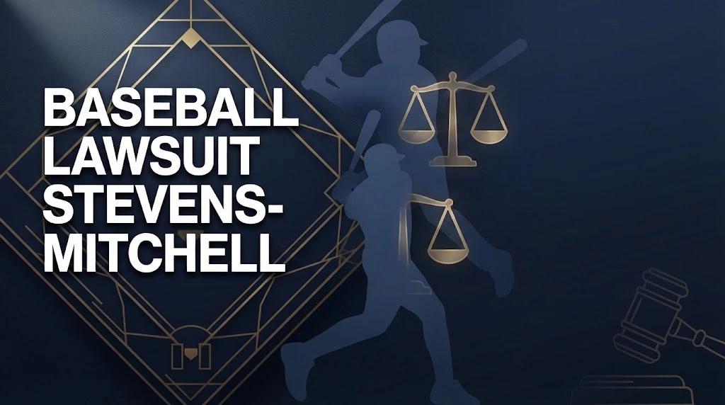Editorial banner for baseball lawsuit stevens-mitchell with navy and gold legal theme and player silhouettes