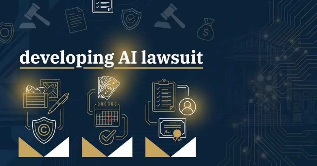 developing ai lawsuit supporting graphic with legal document icons and settlement theme on navy background