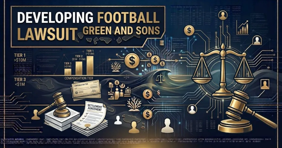 developing football lawsuit green and sons hero banner with football helmet silhouette and legal symbols on navy background