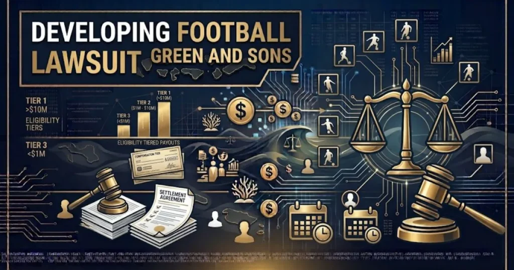 developing football lawsuit green and sons settlement graphic with document icons and youth football silhouettes on navy background