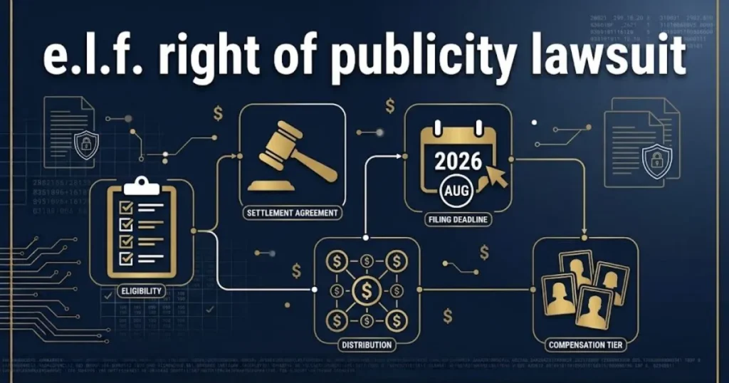 e.l.f. right of publicity lawsuit settlement graphic with gavel, calendar, and eligibility icons on navy background