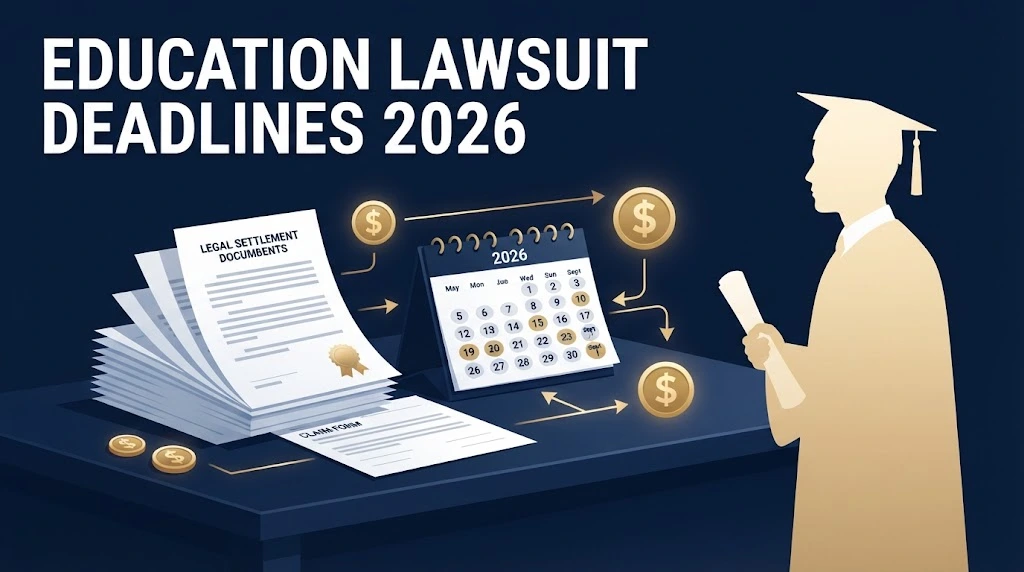 Education lawsuit deadlines 2026 graphic with settlement documents, calendar icons, and student silhouette on navy background