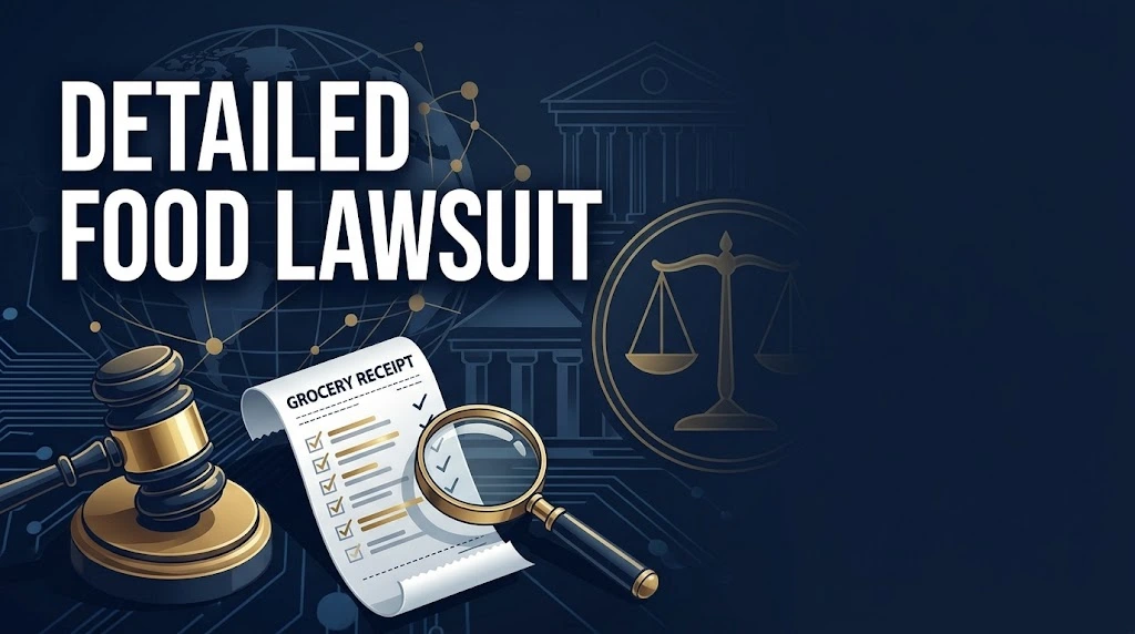 Detailed food lawsuit hero banner with gavel, receipt, and magnifying glass in navy and gold tones