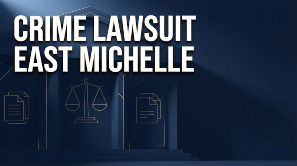 Crime lawsuit east michelle hero banner with navy courthouse graphic and gold legal scales icon