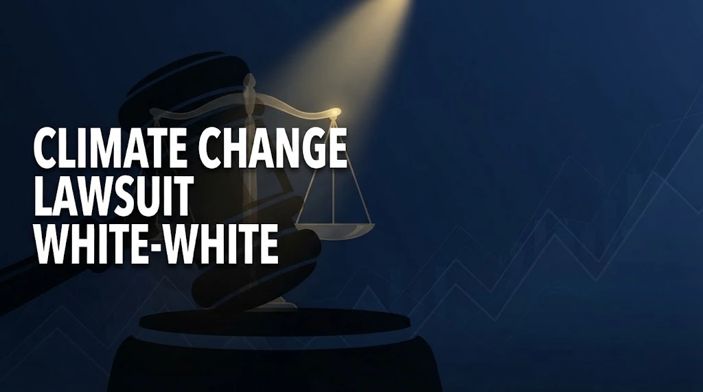Climate change lawsuit white-white hero banner with gavel and scales of justice on navy background