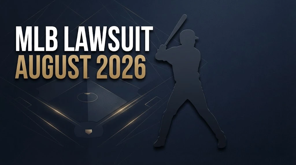 MLB Lawsuit August 2026 hero banner with abstract baseball diamond and batter silhouette in navy and gold tones