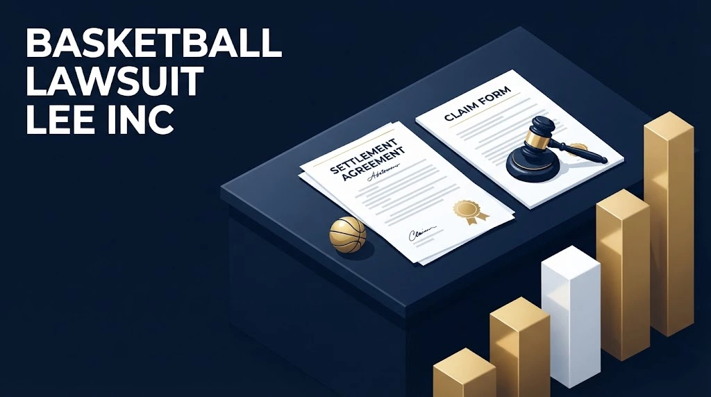 basketball lawsuit lee inc settlement claim form illustration with payout chart on navy desk background