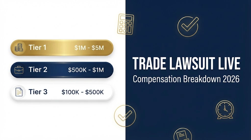 Trade lawsuit live compensation breakdown infographic showing settlement tiers and 2026 payout ranges
