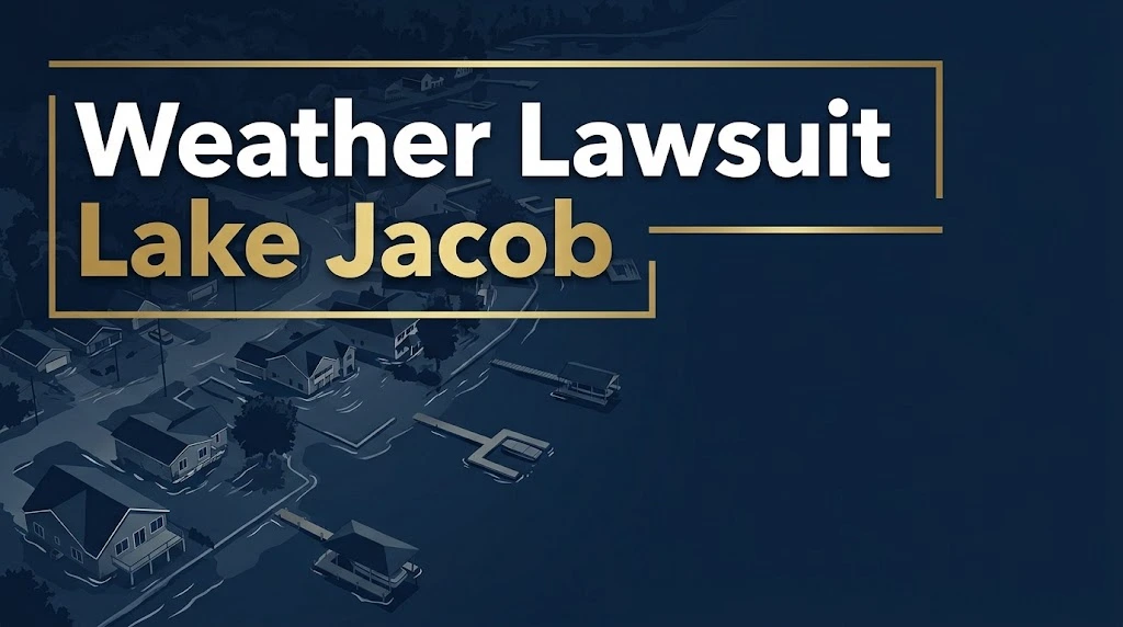 Weather lawsuit Lake Jacob hero banner showing flooded lakeside properties with bold legal headline text in navy and gold