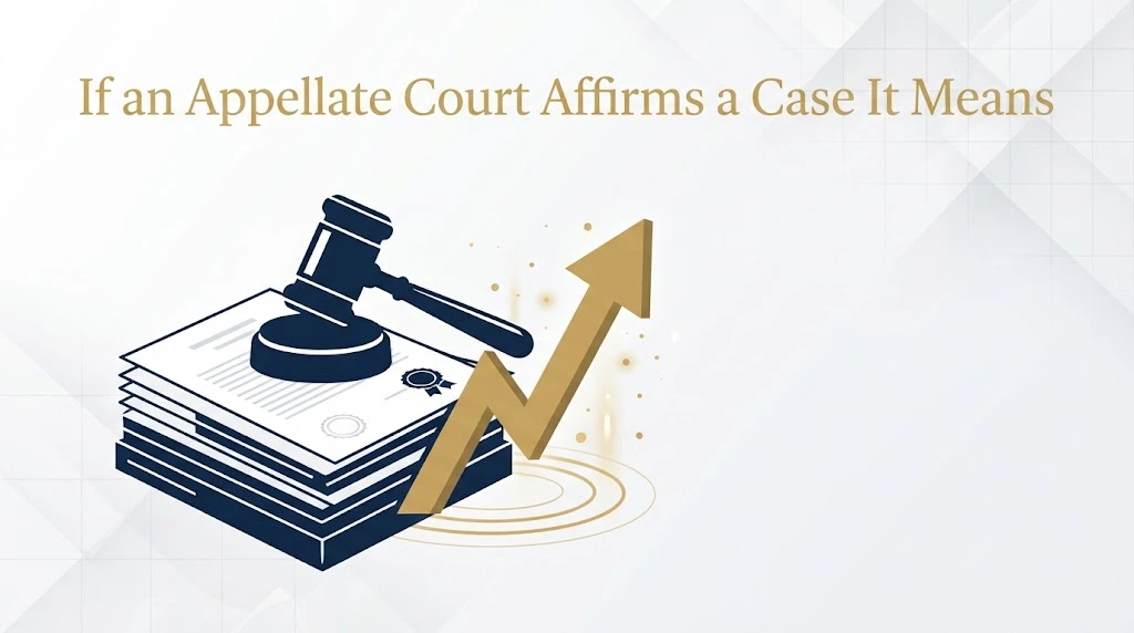Stylized legal documents and gavel graphic with text if an appellate court affirms a case it means in navy and gold