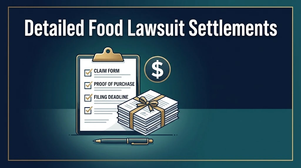 Detailed food lawsuit settlements graphic with legal documents and checklist in navy and gold