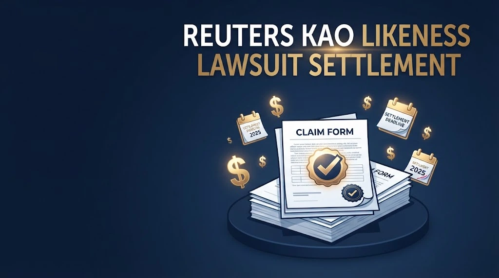 Reuters KAO likeness lawsuit settlement graphic with legal documents and claim form icons on navy background
