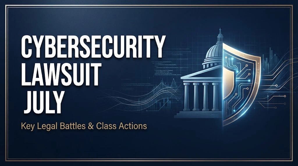 Editorial banner showing cybersecurity lawsuit july headline with digital shield and courthouse silhouette on navy background