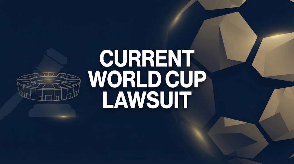 Current world cup lawsuit hero banner with gavel and stadium silhouette on navy background