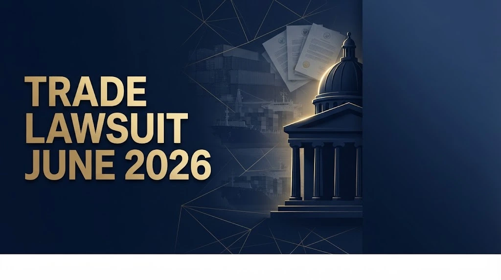 Trade lawsuit June 2026 hero banner showing courthouse silhouette with gold typography and shipping cargo imagery.