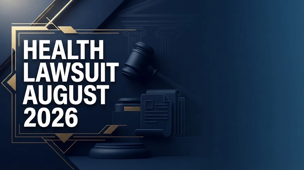 Health lawsuit August 2026 hero banner with gavel silhouette and legal document icons on navy background