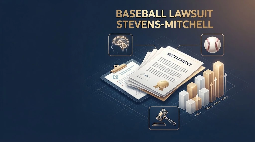 Settlement graphic for baseball lawsuit stevens-mitchell showing payout tiers and medical legal icons