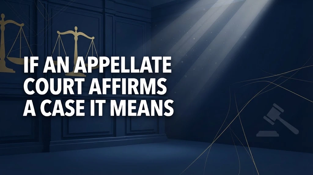 Bold text reading if an appellate court affirms a case it means over navy courtroom background with gold scales of justice