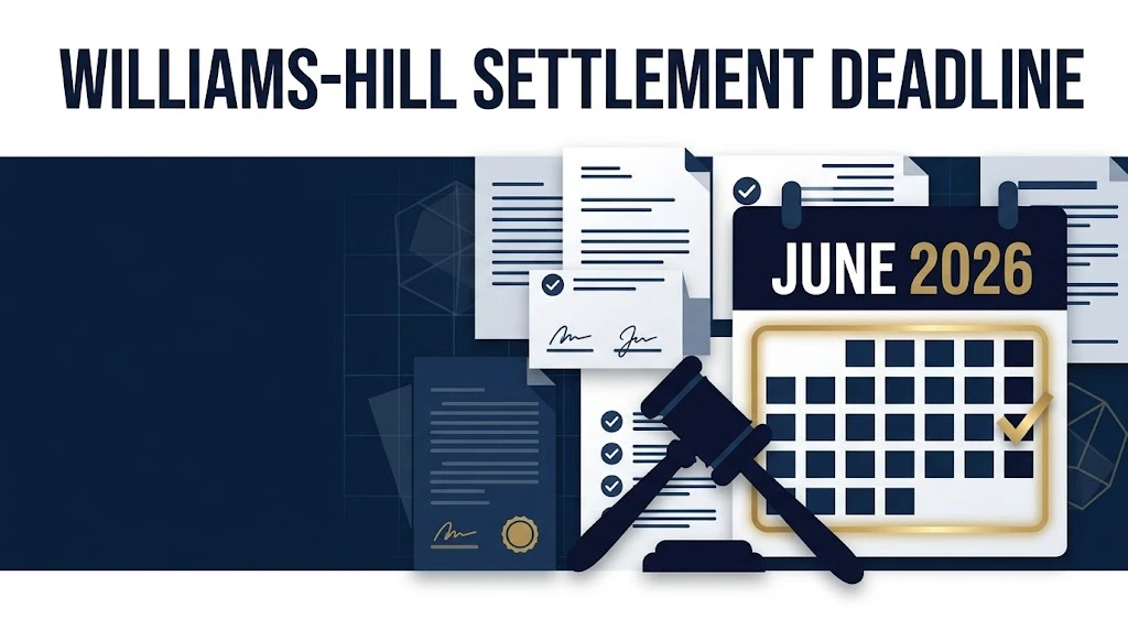 Williams-Hill settlement deadline graphic with legal documents calendar and gavel in navy and gold