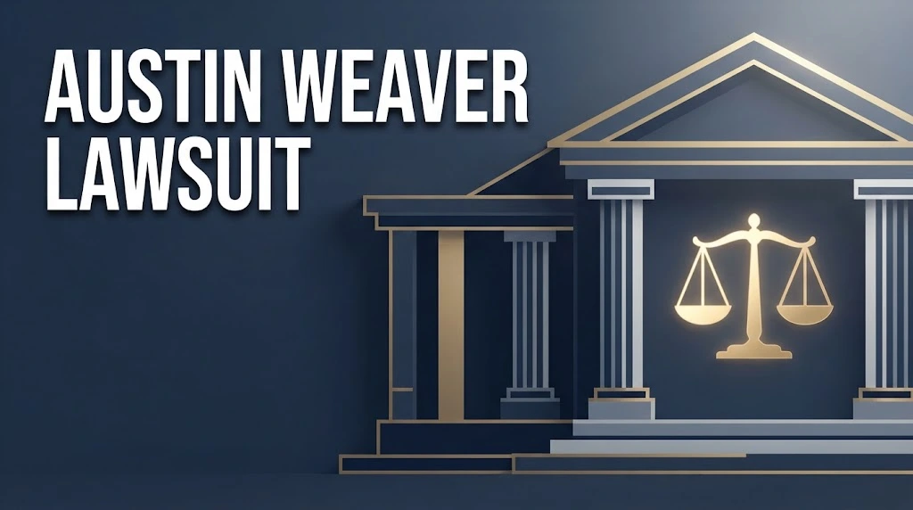 Austin Weaver Lawsuit hero banner with golden scales of justice on navy background