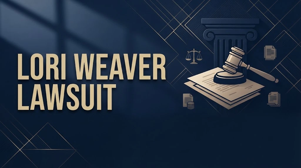 Lori Weaver lawsuit 2026 hero banner with courthouse pillar, gavel, and legal document icons in navy and gold.