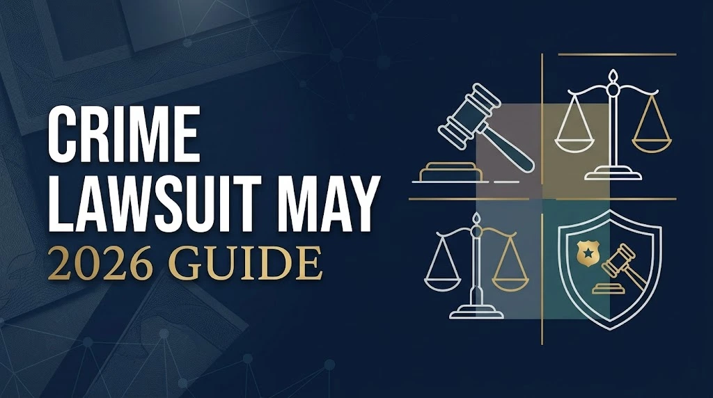 Crime lawsuit may 2026 hero banner with legal gavel and scales of justice icons on navy background