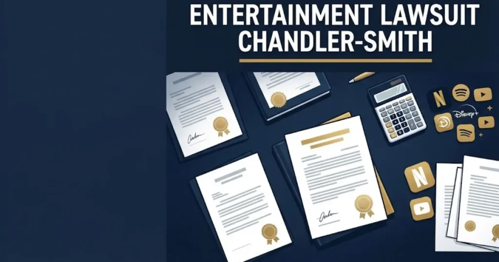 entertainment lawsuit chandler-smith settlement graphic with legal documents and streaming icons on navy desk background
