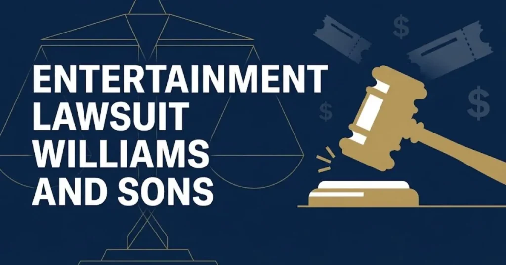 entertainment lawsuit williams and sons hero banner with gavel icon and gold legal scales on navy background