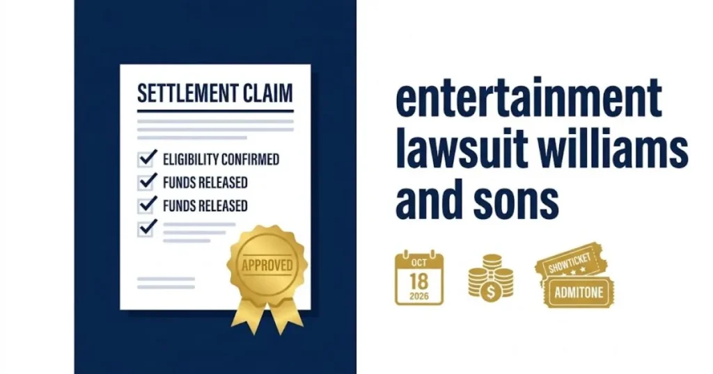 entertainment lawsuit williams and sons settlement claim graphic with document icons and gold approval seal