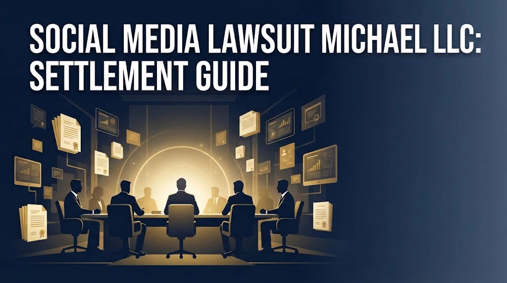 Social media lawsuit Michael LLC settlement guide graphic with abstract courtroom scene