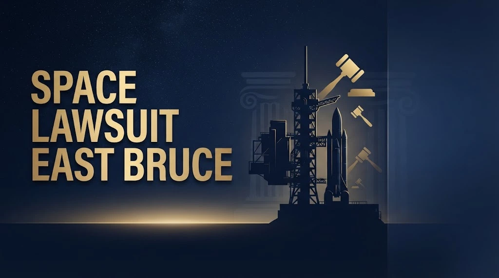 Space lawsuit East Bruce 2026 editorial banner with gold title text, navy background, rocket silhouette and gavel icons.