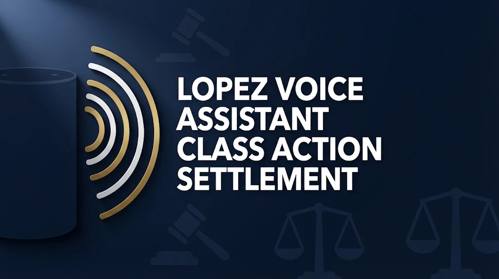 Lopez voice assistant class action settlement hero banner with smart speaker icon and legal symbols on navy background