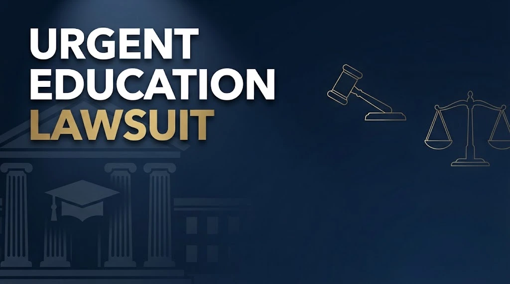Urgent education lawsuit hero banner with navy background, gold legal icons, and campus silhouette in editorial style