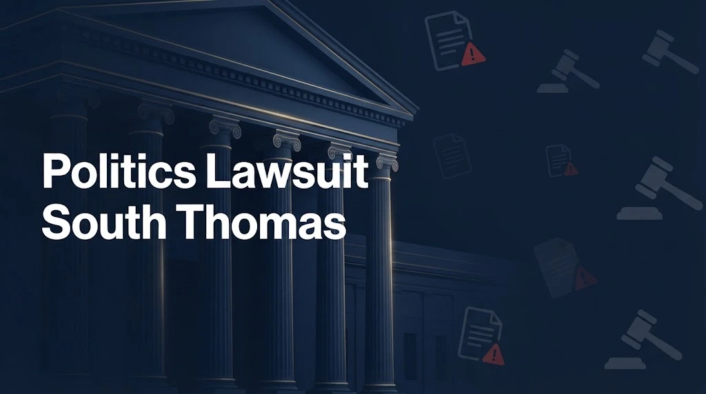 Politics lawsuit south thomas hero banner with courthouse imagery and bold white headline text on navy background