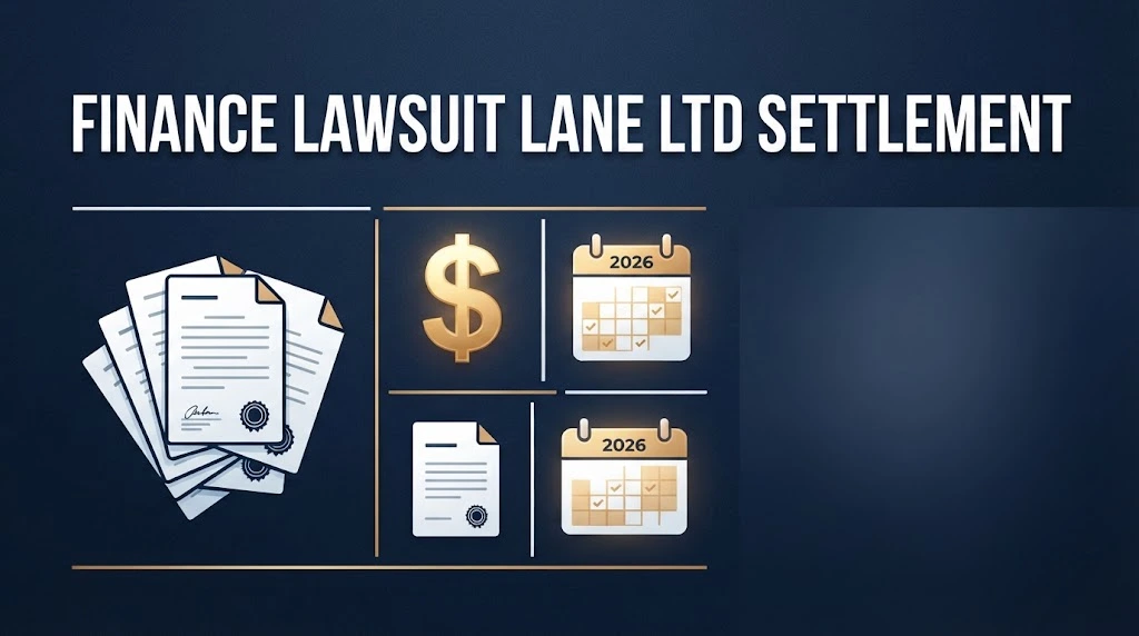 Finance lawsuit Lane Ltd settlement graphic with document icons and 2026 calendar
