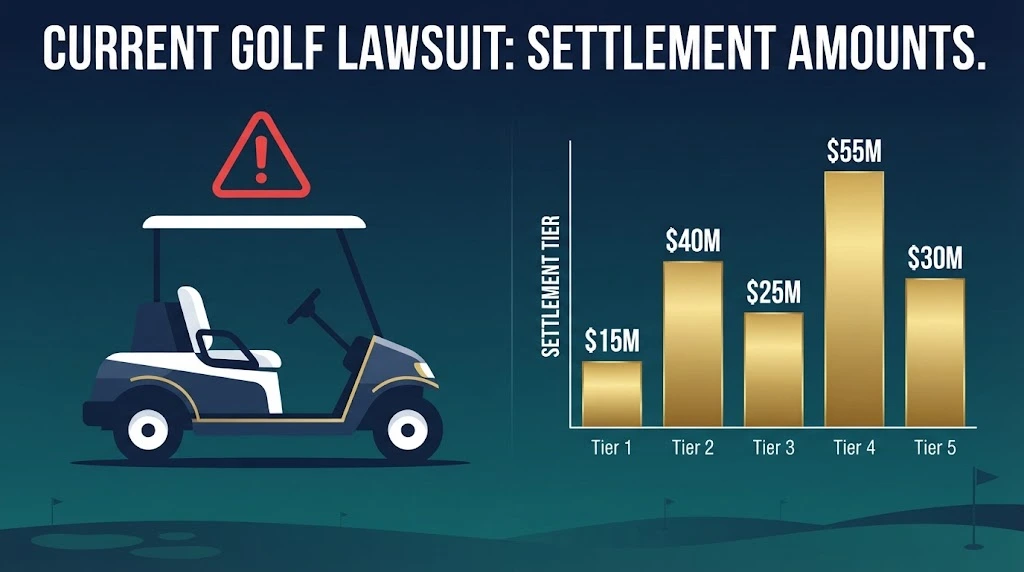 Current golf lawsuit settlement amounts graphic with golf cart defect illustration and data charts