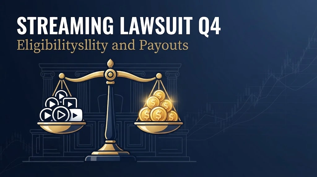 Streaming lawsuit Q4 eligibility and payouts graphic with scales of justice on navy background