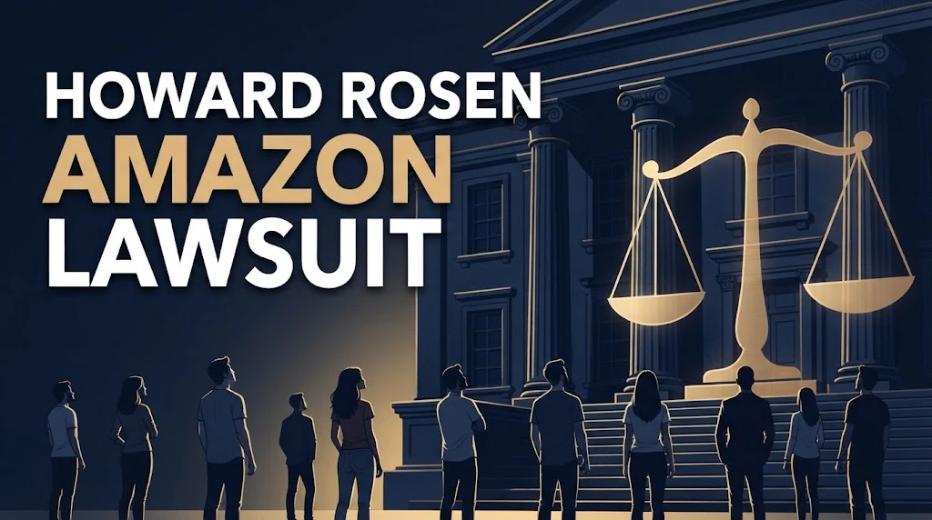Howard Rosen Amazon Lawsuit hero banner with navy courthouse background and gold scales of justice