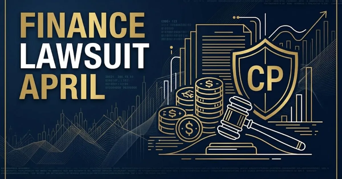 finance lawsuit april hero banner with legal and financial icons on navy background