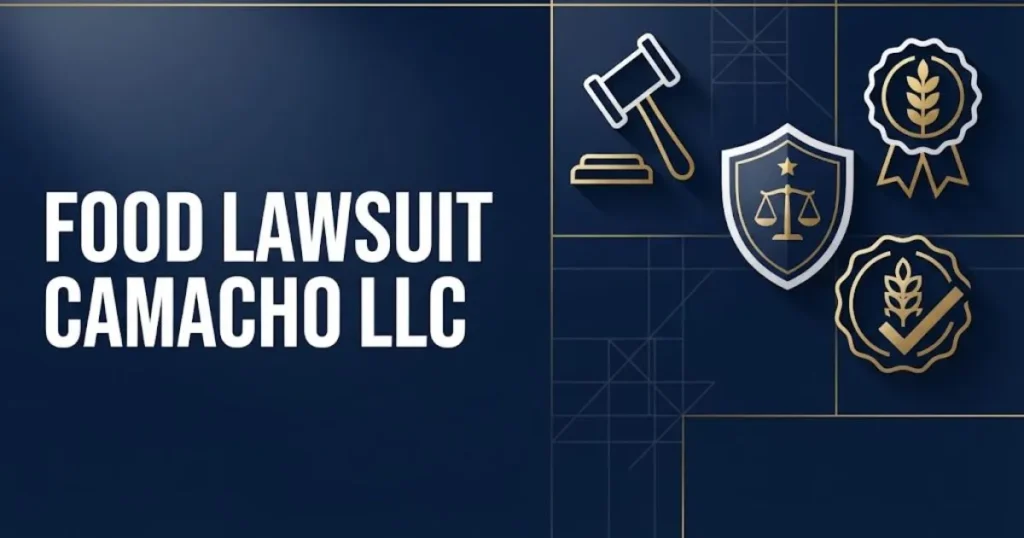 food lawsuit camacho llc hero banner with legal icons and navy gold design
