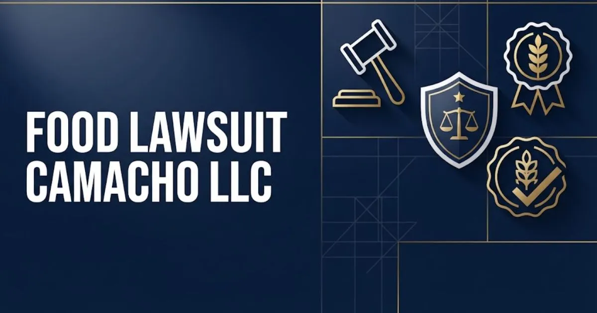 food lawsuit camacho llc hero banner with legal icons and navy gold design