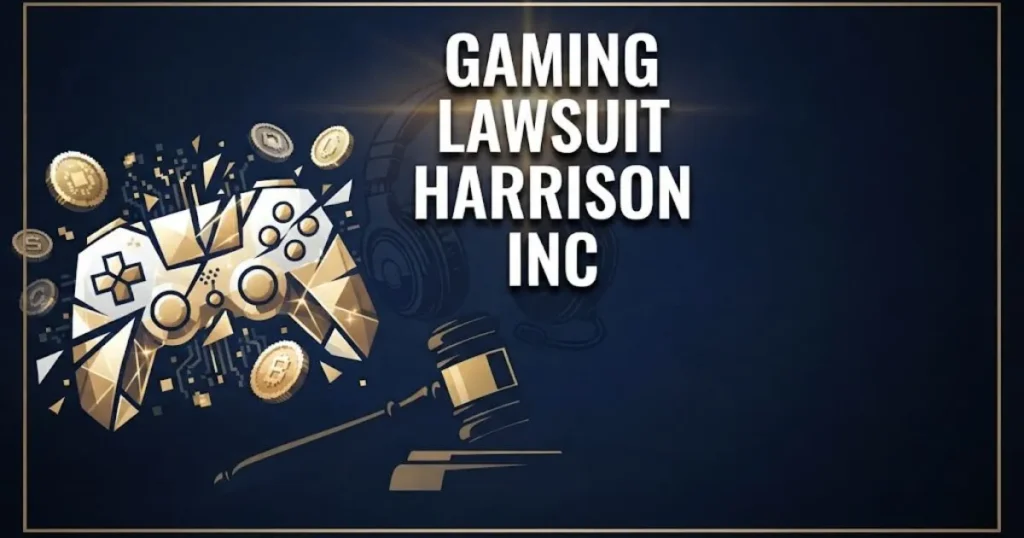 gaming lawsuit harrison inc hero banner with gavel and gaming headset icons on navy background