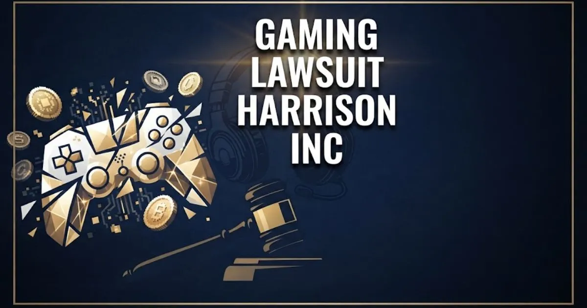 gaming lawsuit harrison inc hero banner with gavel and gaming headset icons on navy background