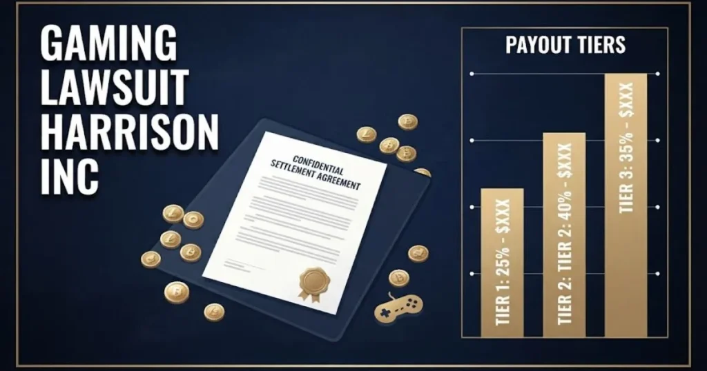 gaming lawsuit harrison inc settlement graphic with payout tiers and document illustration on navy background