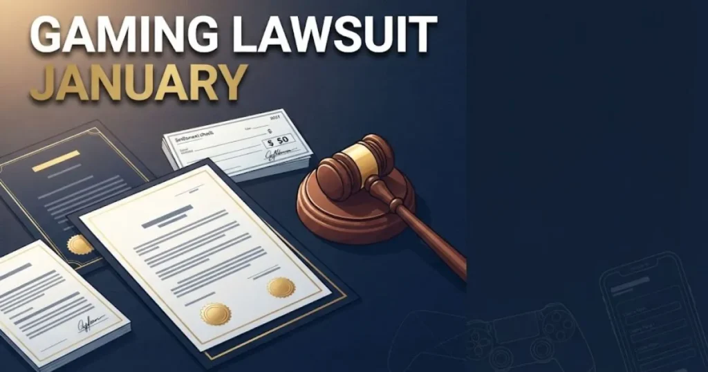 Gaming Lawsuit January supporting graphic with settlement documents and gavel on navy desk surface